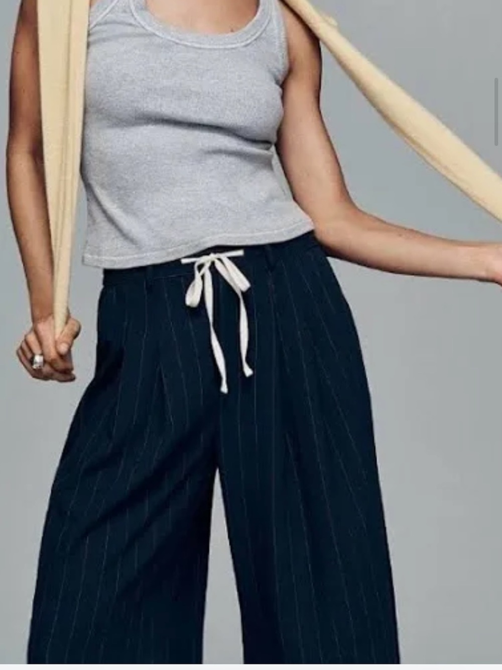 Maeve Navy Pinstripe Wide-Leg Drawstring Pants